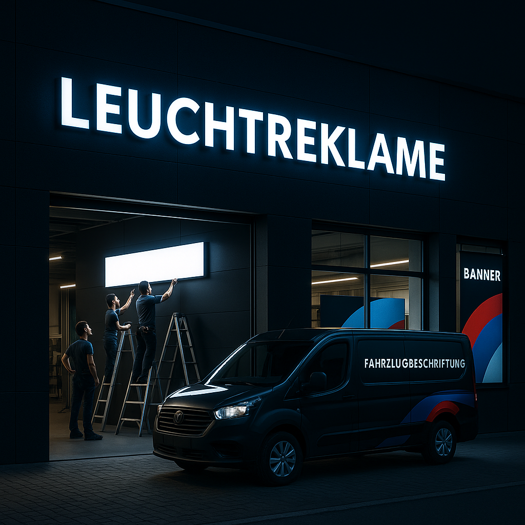 Beleuchtete Reklame und Fahrzeugbeschriftung